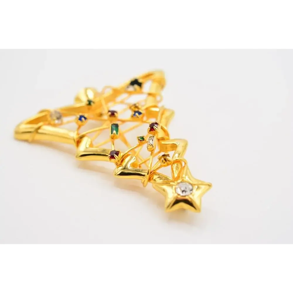 Vintage Christmas Tree Pin Brooch Rhinestone Crystal Wired Gold Holiday BinAP